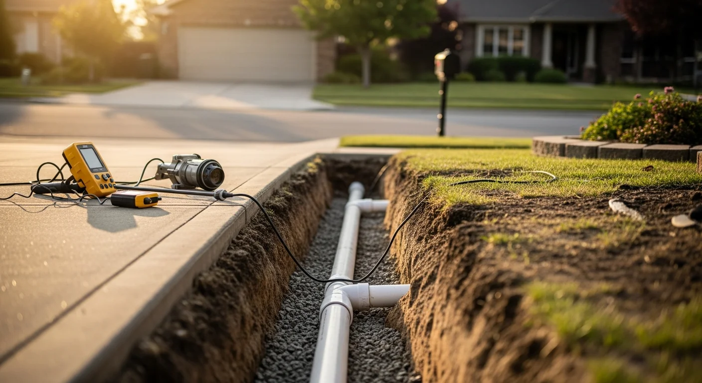 Excavation equipment working on sewer line replacement in residential yard