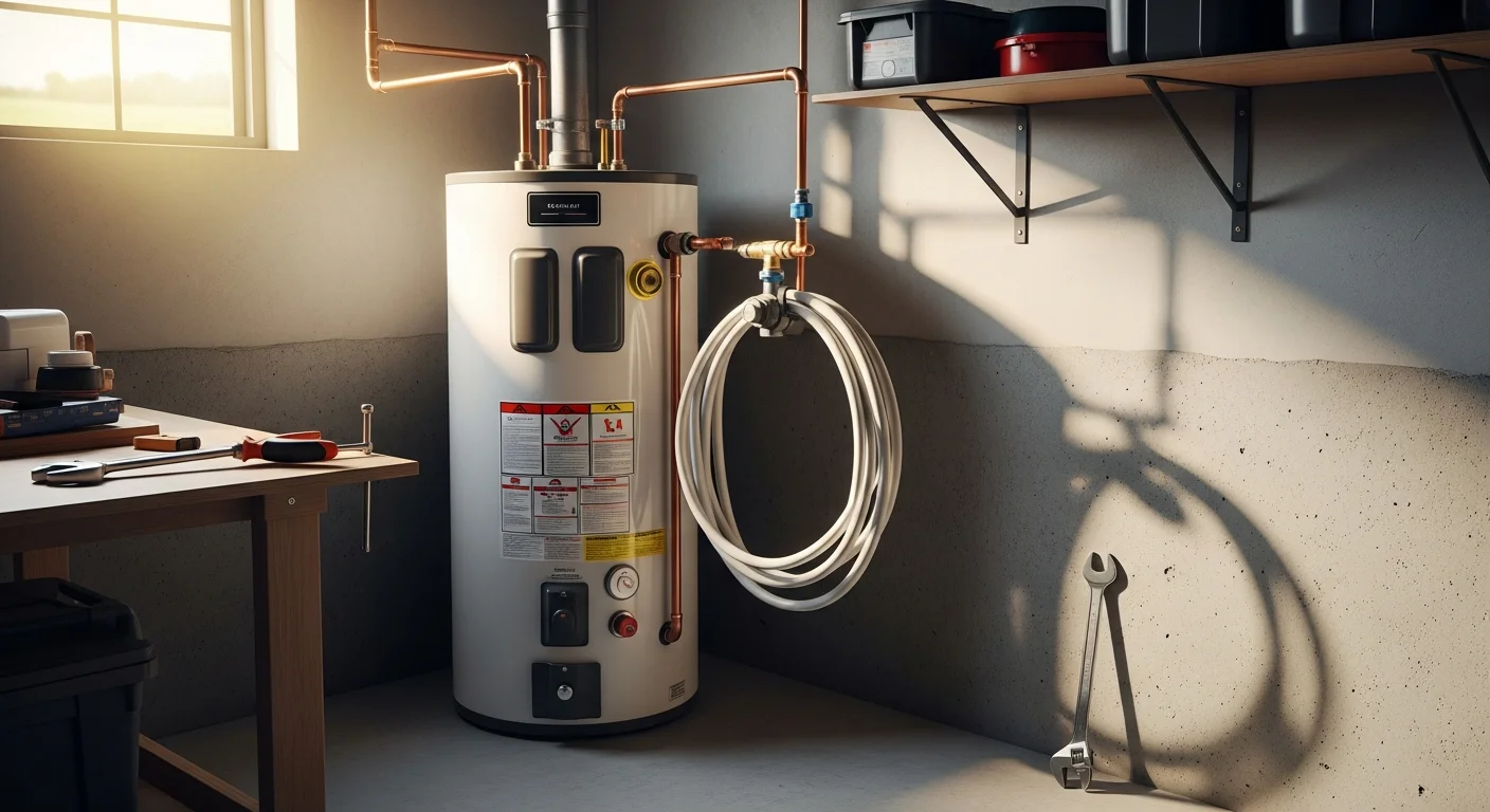 Technician installing new water heater in residential basement