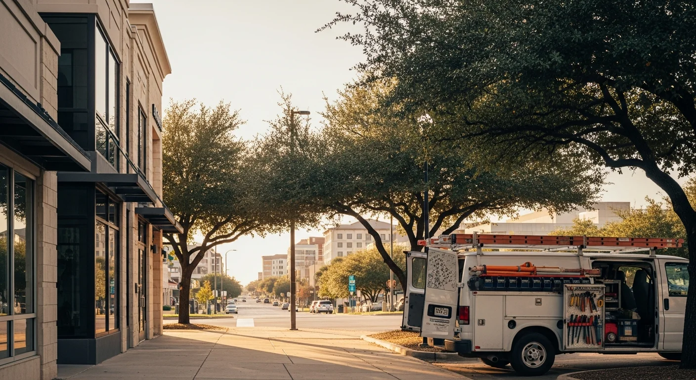 Wide view of Arlington's mixed commercial and residential skyline with tree-lined streets and modern buildings.