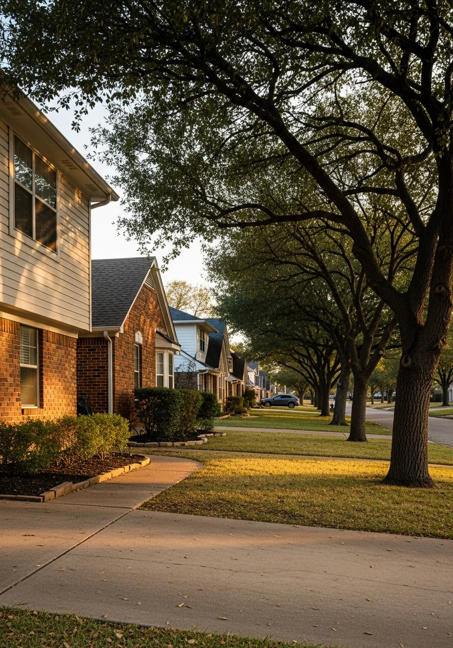 Portrait of a Fort Worth residential street with mature trees, varied home styles, and established landscaping.
