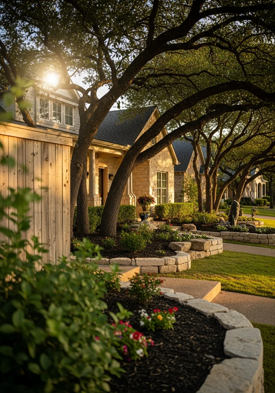 Portrait of a Granbury residential property near the lake showing mature landscaping and architectural character.