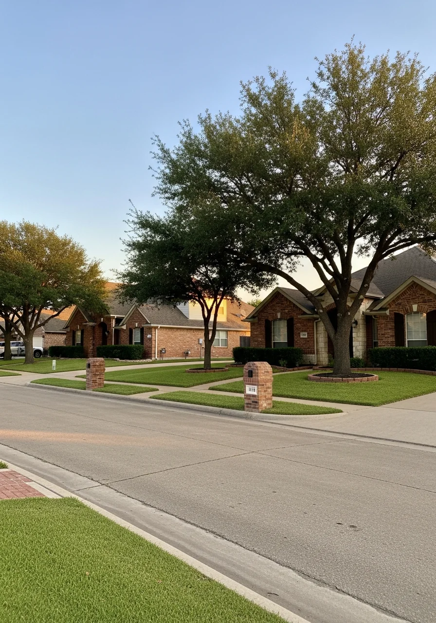 Portrait of a Grand Prairie residential neighborhood showing suburban homes, landscaping, and clear street access.