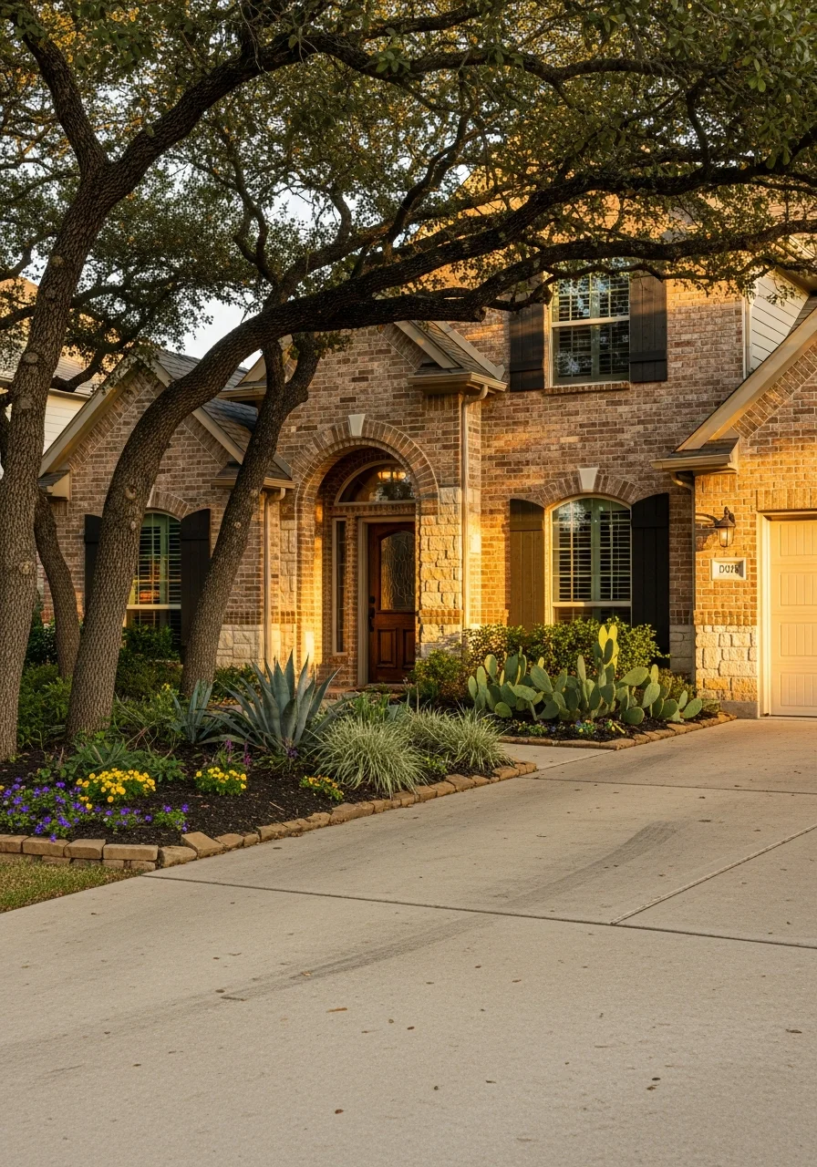Close-up of a Weatherford suburban home with mature landscaping and a clear driveway entrance.