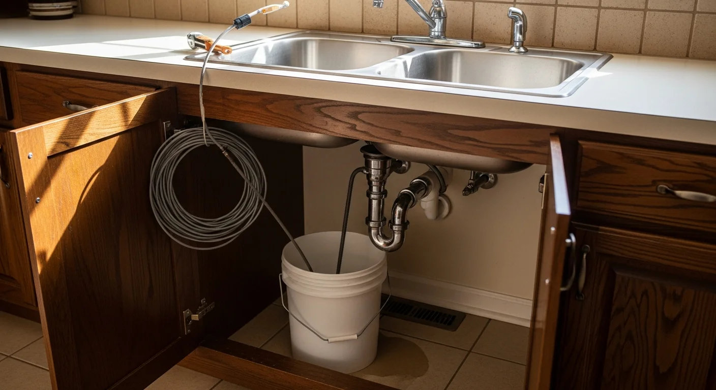 A licensed plumber using a drain snake to clear a clogged kitchen drain in an Arlington, Texas home. The under-sink pipes are visible with a service bucket in place during the cleaning process.