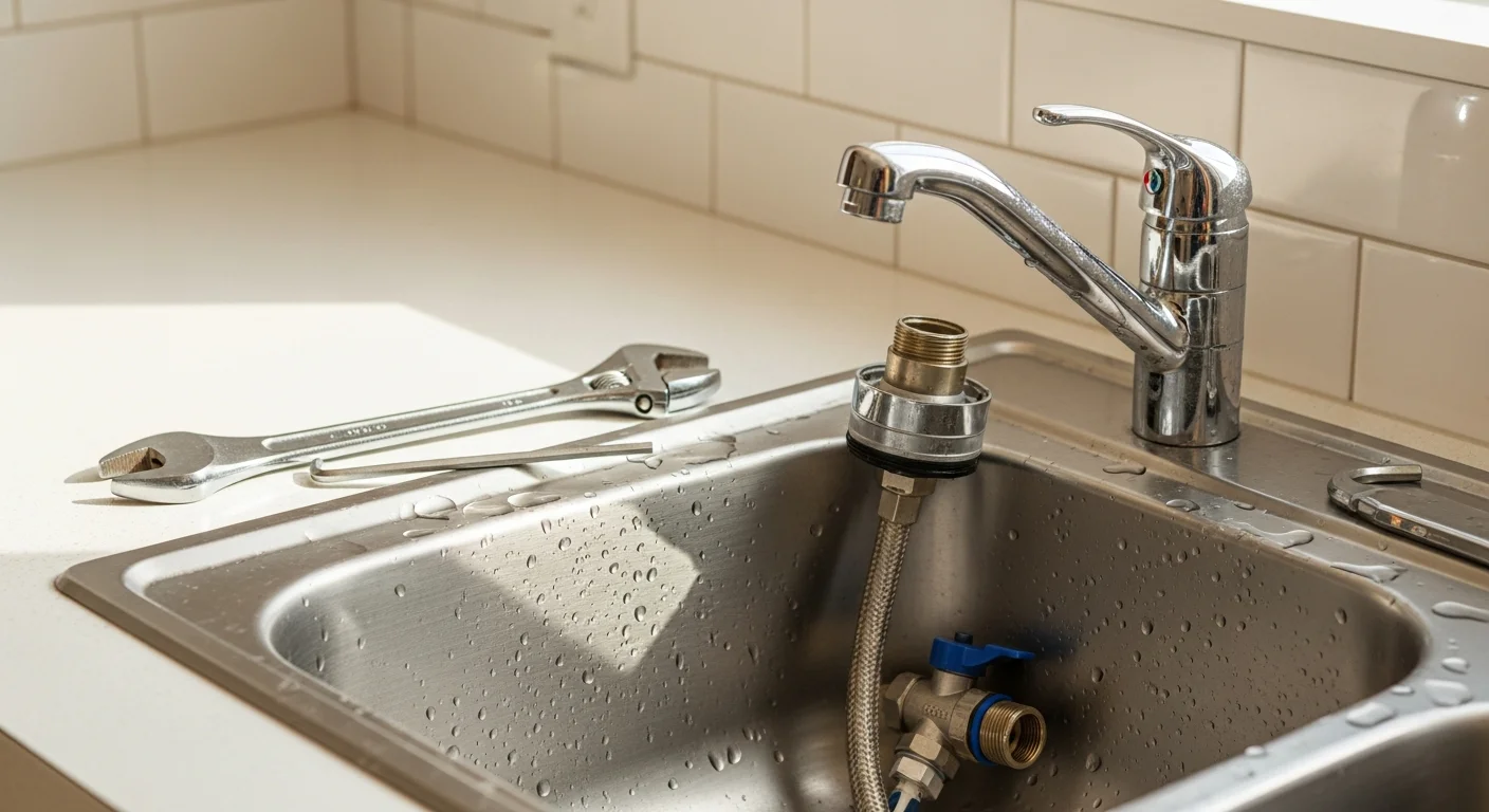 A licensed Jonco Plumbing plumber installing a new kitchen faucet under a sink in an Arlington, TX home. The work area is clean and the shutoff valves and supply lines are visible beneath the cabinet.