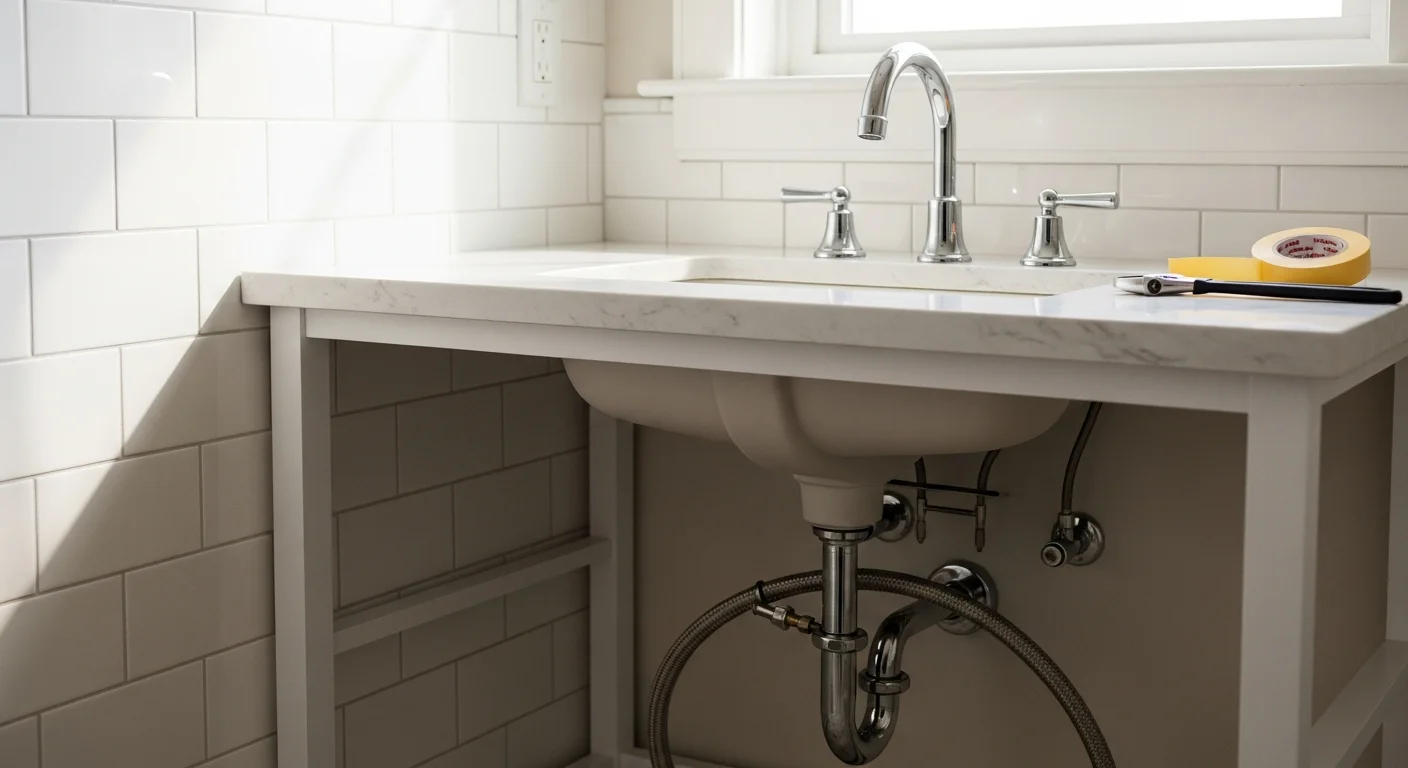 A newly installed bathroom sink faucet and undermount basin in an Arlington home during a bathroom remodel. Supply lines and shut-off valves are visible beneath the vanity cabinet, showing a clean, professional installation.