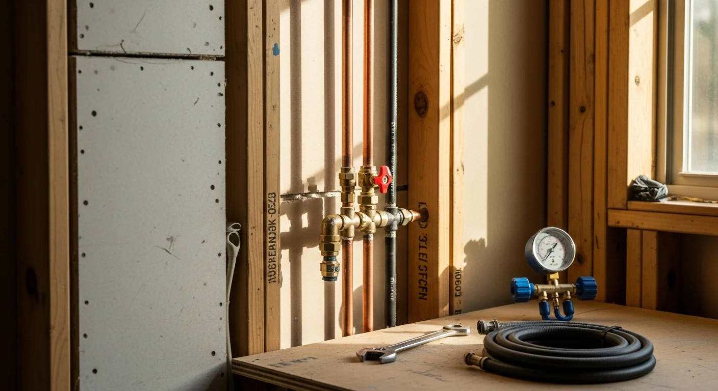 A licensed plumber connecting a new gas line beneath a kitchen counter during a remodel in an Arlington, Texas home. Exposed pipe runs along the wall toward the appliance hookup point, with fittings and shutoff valve visible.