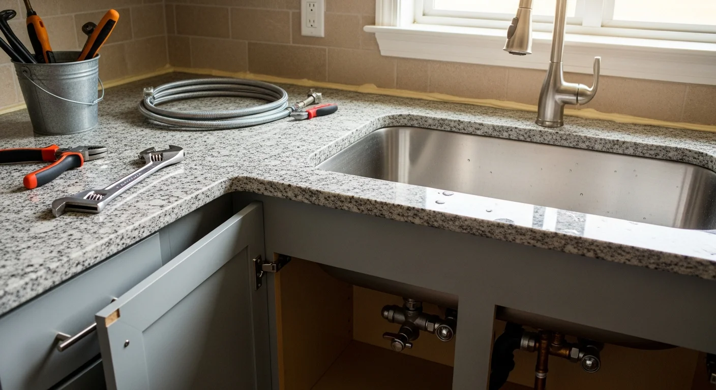 A newly installed stainless steel kitchen sink with connected supply lines and a clean drain fitting inside an Arlington home kitchen. The under-sink cabinet is open, showing secure plumbing connections and no signs of leaks or water damage.