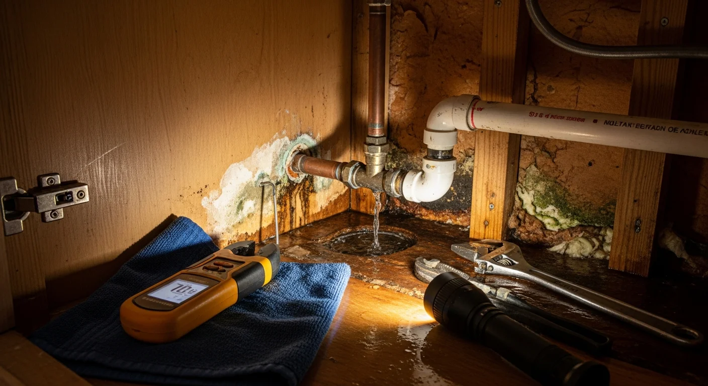 A licensed plumber from Jonco Plumbing repairing a leaking pipe beneath a kitchen sink in an Arlington, Texas home. The work area shows exposed supply lines with repair fittings being installed under a residential cabinet.