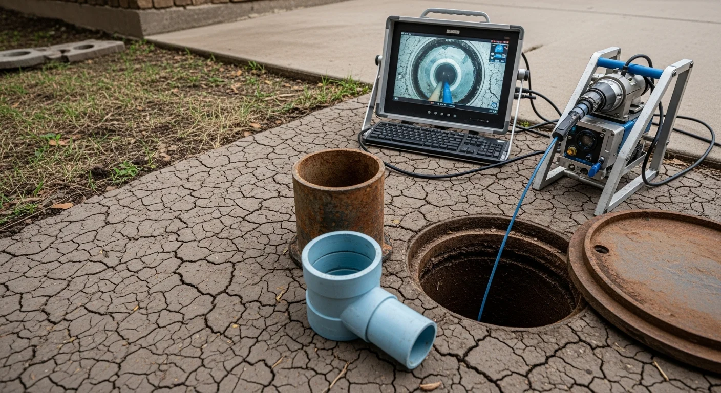 A plumber from Jonco Plumbing feeds a sewer camera into a cleanout access point at an Arlington residential property. The monitor displays live footage of the interior of an aging sewer lateral showing pipe wall condition and joint detail.