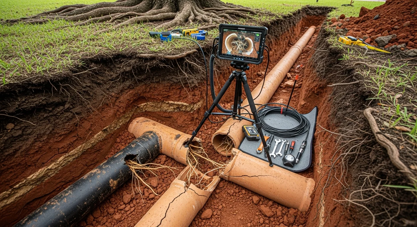 A Jonco Plumbing technician reviewing a sewer camera inspection monitor beside an open access point in an Arlington residential yard. The monitor displays a live view of the interior of a damaged underground sewer pipe.