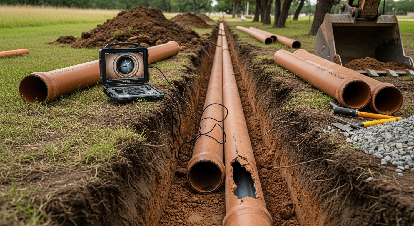 A Jonco Plumbing technician reviewing a video camera inspection monitor beside an open trench in an Arlington residential yard, showing a cracked clay sewer pipe exposed in Arlington's dark expansive clay soil.