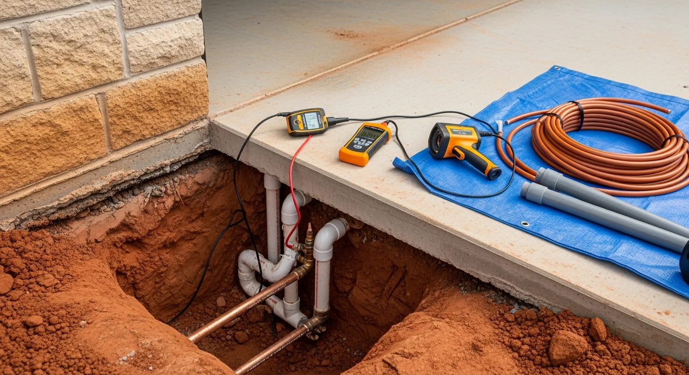 A plumber inspecting an exposed under-slab pipe at an Arlington residential property after a slab leak repair. The concrete foundation and repaired water line are visible in the foreground.