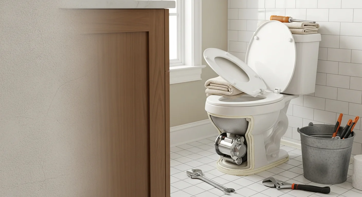 A plumber inspecting and repairing the internal components of a residential toilet in an Arlington, Texas bathroom. The toilet tank lid is removed, showing the fill valve and flapper being assessed for replacement.
