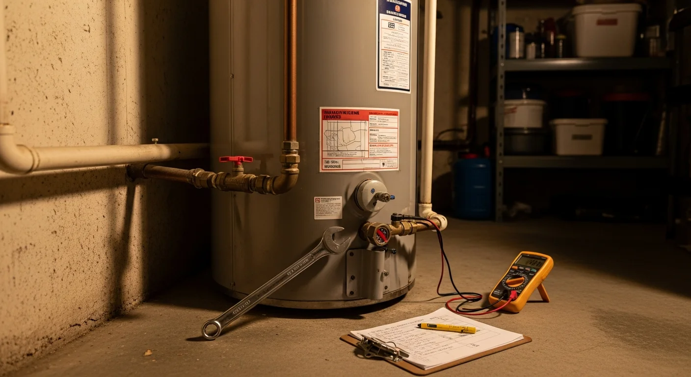 A Jonco Plumbing technician inspecting the anode rod and pressure relief valve on a residential tank water heater in an Arlington, Texas home. The utility room setting shows a standard tank unit with visible supply line connections.