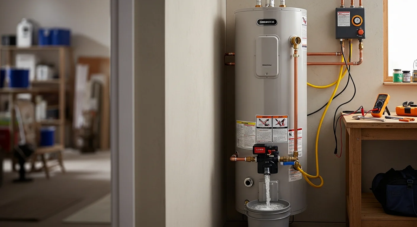 A licensed Jonco Plumbing plumber completing a water heater installation in an Arlington, TX home utility room. The new tank unit is fully connected to gas and water lines, with clean copper fittings visible.
