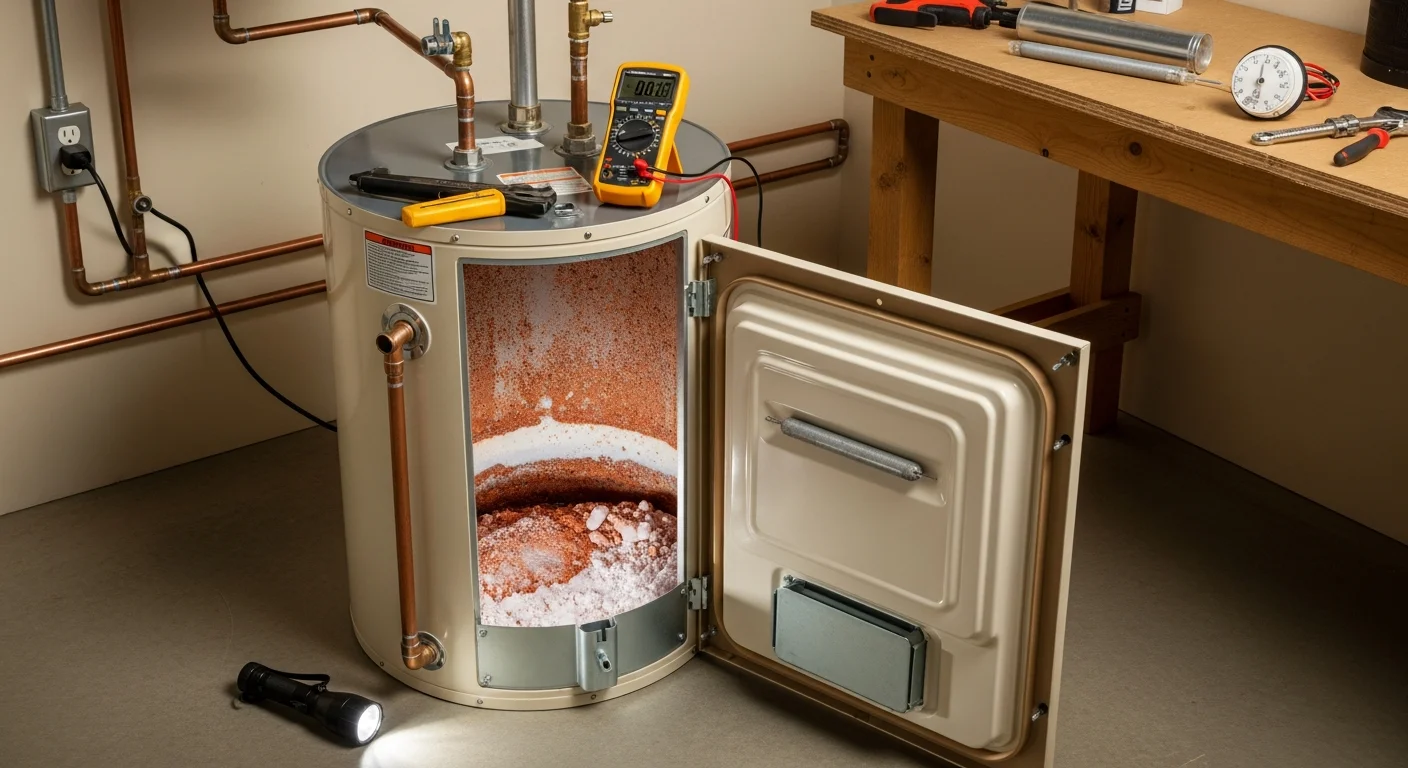 A licensed plumber from Jonco Plumbing inspecting a tank water heater in an Arlington, TX home utility room. The technician is checking the anode rod and T&P valve on a gas water heater showing signs of sediment buildup.