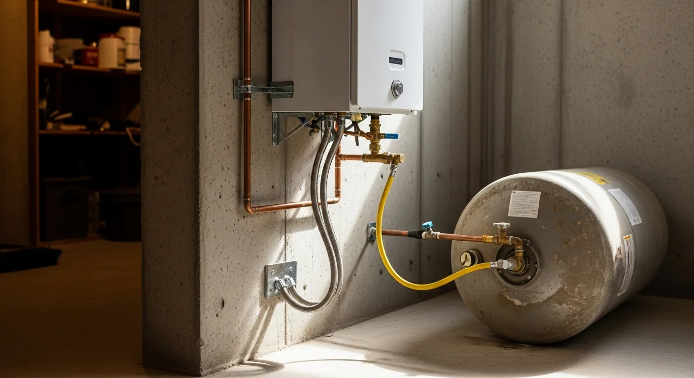 A licensed plumber installing a new tank water heater in a utility closet of an Arlington, Texas home. The old corroded unit sits nearby, ready for removal.