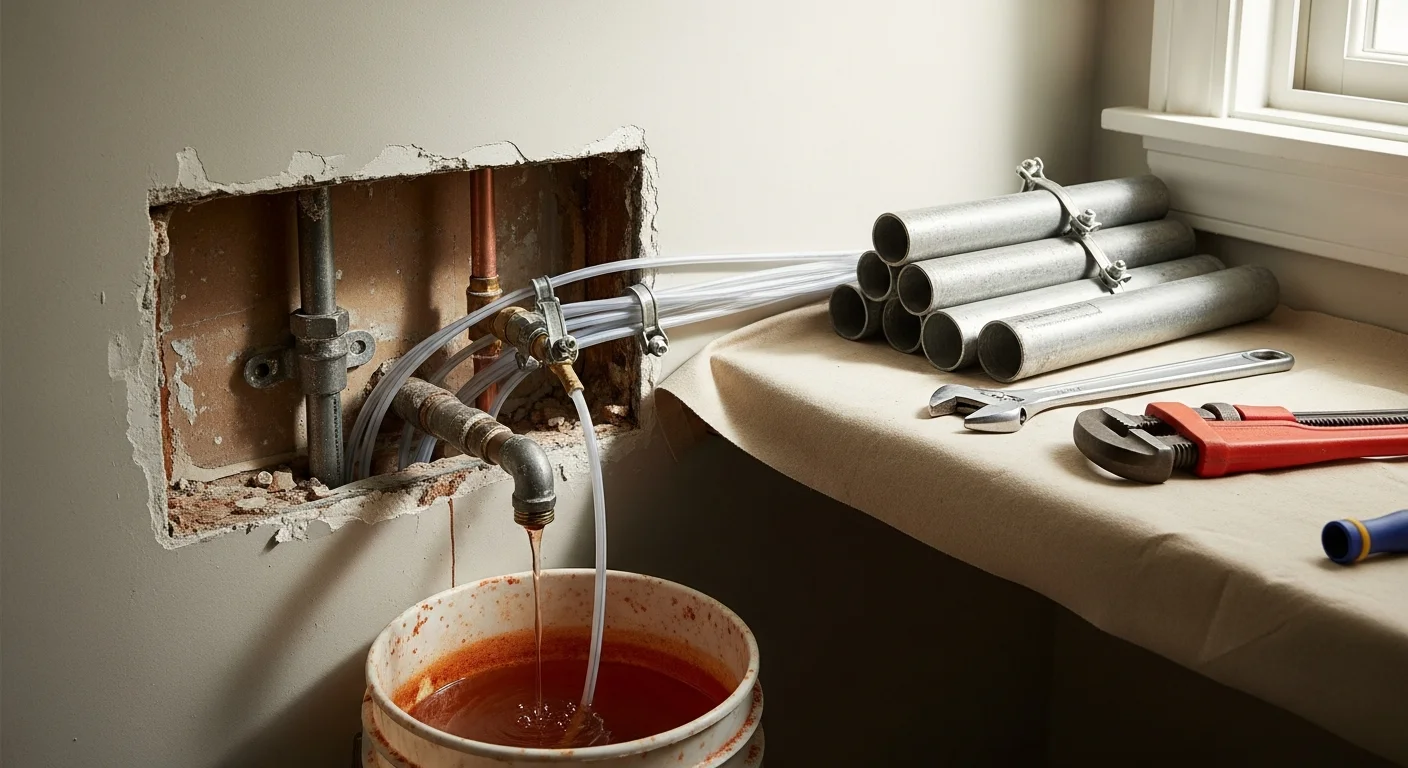 Licensed plumber replacing corroded supply lines inside the wall of an Arlington, Texas home during a whole-home water repipe. New pipe runs visible alongside removed galvanized sections in an open wall cavity.
